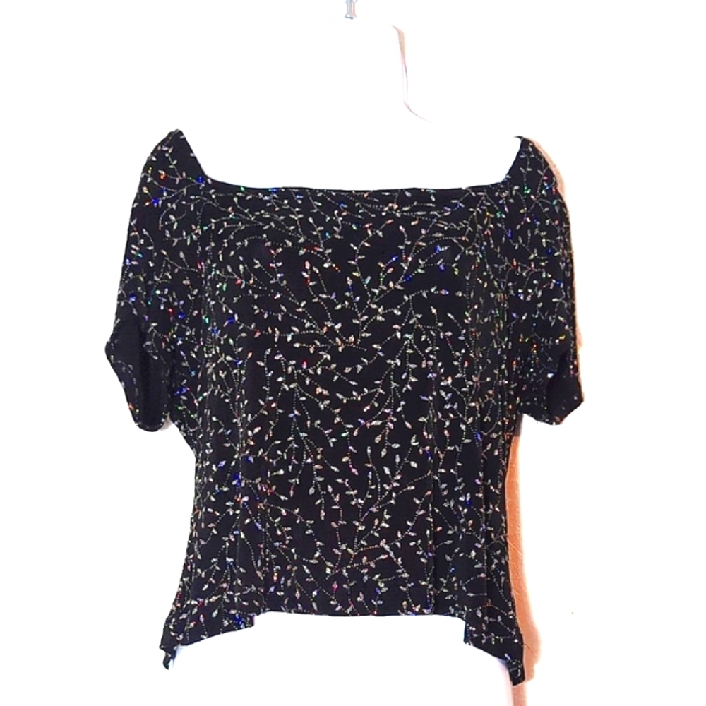 Vintage Black & Silver Glitter Sparkle Blouse Fairy Grunge Whimsigoth Event Glam